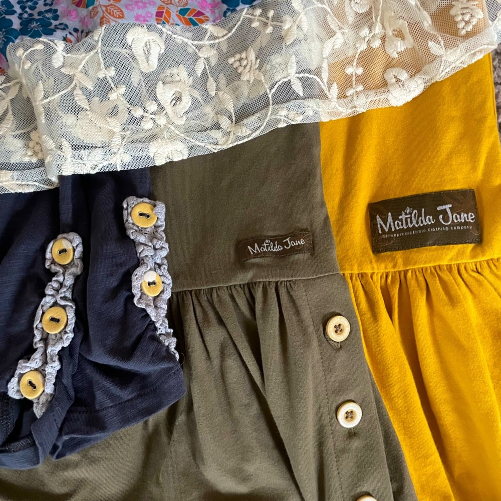 Matilda Jane Lot Big Ruffles Leggings Tree Top Gold mustard Blouse Size Medium